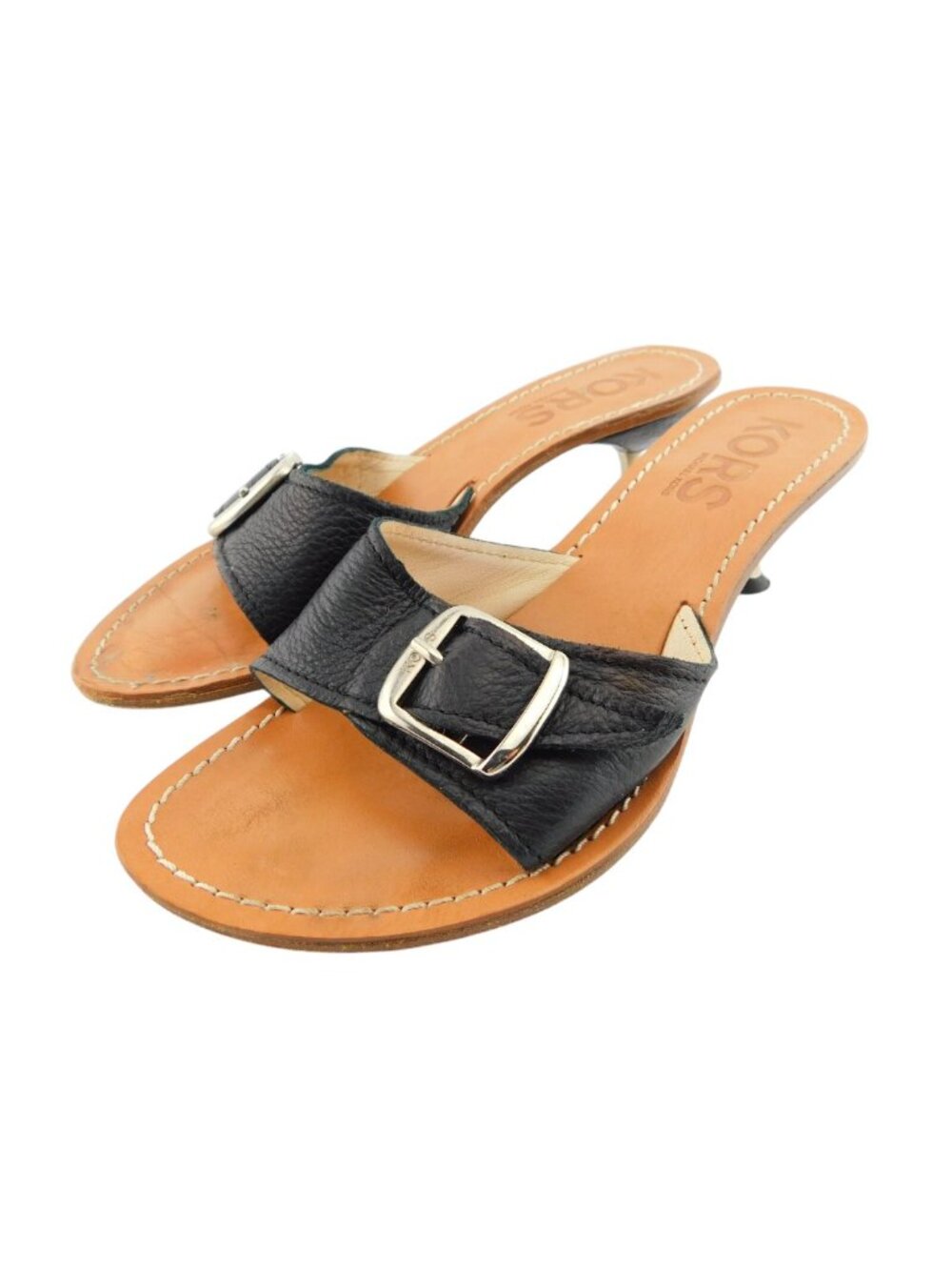 KORS Michael Kors Logo Buckle Black Leather Slide Metal Heel Sandals 7